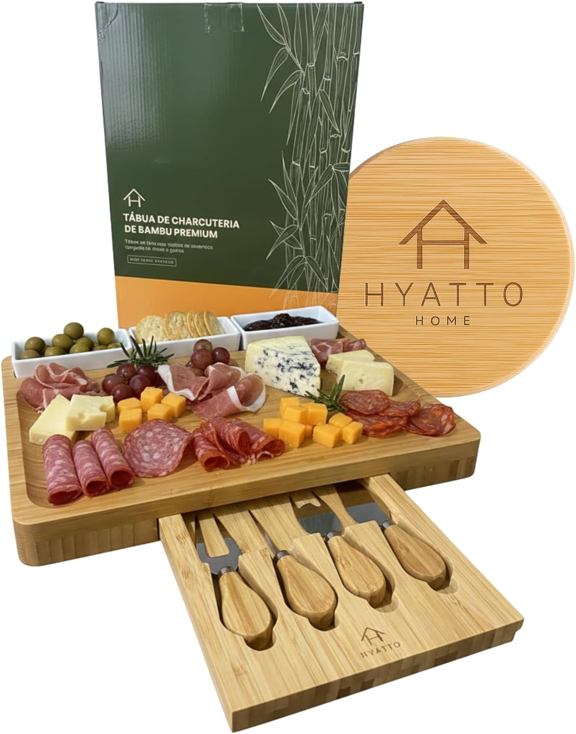 Tábua de Frios e Queijos com 3 Tigelas de Cerâmica e Kit 4 Facas